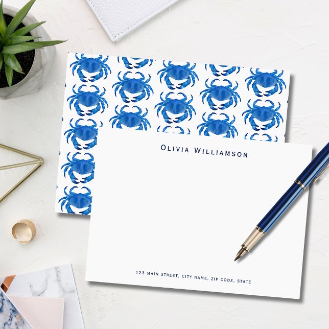 Blå Krabba Kustinspirerad Anteckningskort (Blue coastal crab, crustacean illustrated notecard. Personalize with your name & address details.)