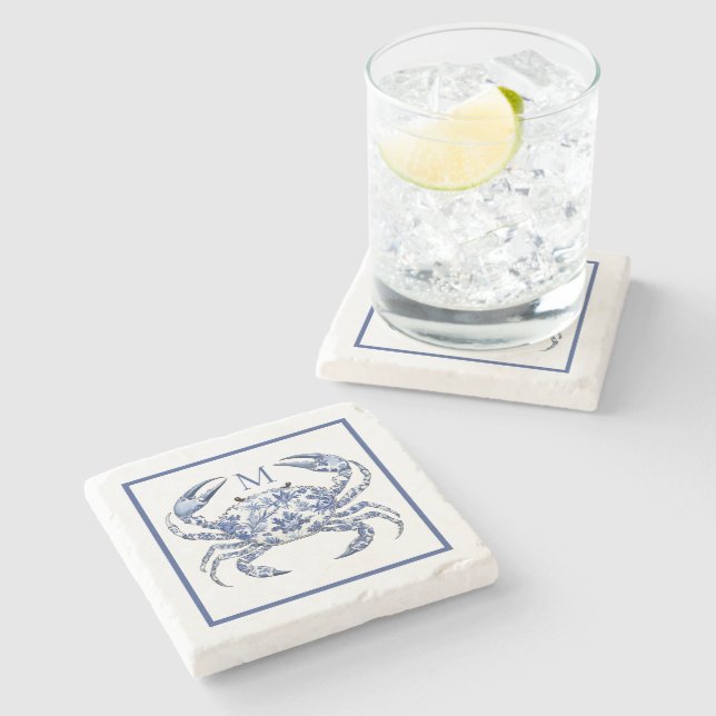 Blå Krabba Kustnära Nautilus Monogram Stenunderlägg (Sidan)
