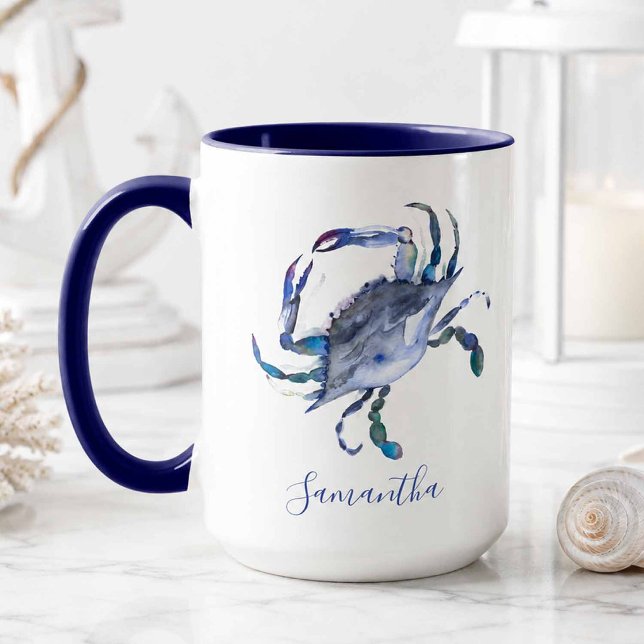 Blå Krabba Personlig Strandtema Kaffe Mugg (Custom mugs designed with hand painted watercolor crab perfect for beach house decor)