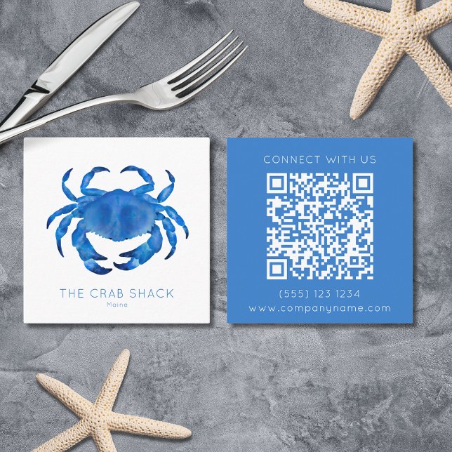 Blå krabba Seafood Restaurant QR-kod Fyrkantigt Visitkort (Crab Seafood restaurant/guest house square business cards with custom QR code. Shellfish Blue Beach)