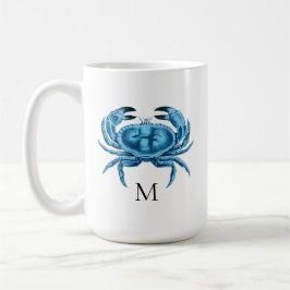 Blå krabba, sjögräs, monogram kaffemugg