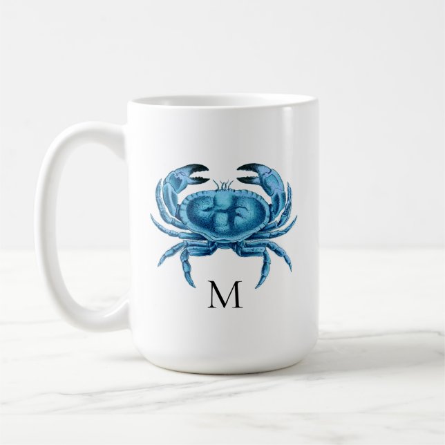 Blå krabba, sjögräs, monogram kaffemugg (Vänster)