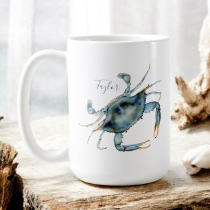 Blå krabbdelikat med ditt namn kaffemugg