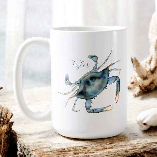 Blå krabbdelikat med ditt namn kaffemugg (Skapare uppladdad)