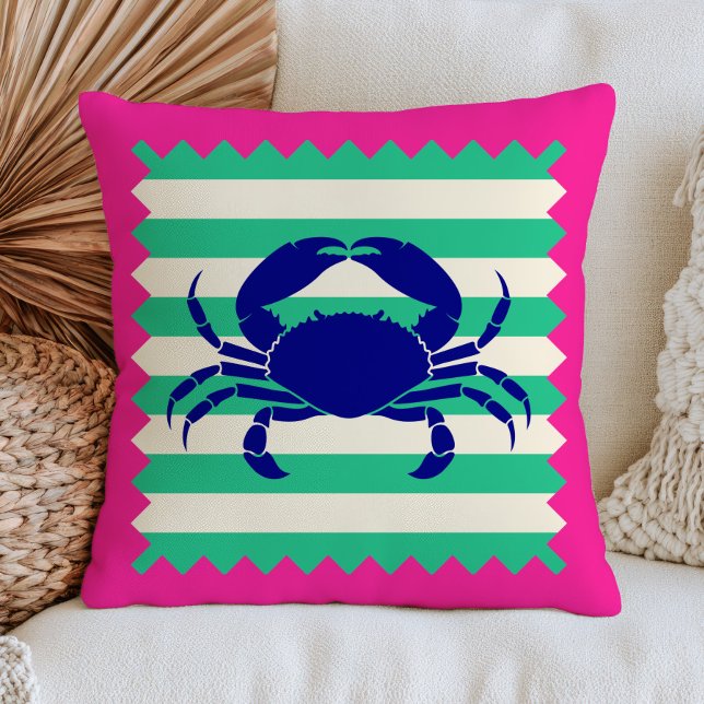 Blå Krabbdesign på Gröna Ränder Fuchsia Rosa  Kudde (Skapare uppladdad)