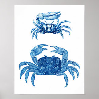 Blå krabbor Kustdekorfärgskonst Skriv ut nr 3 Poster