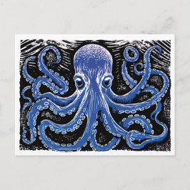 Blå Kraken Linogravyr i Oceanen Vykort