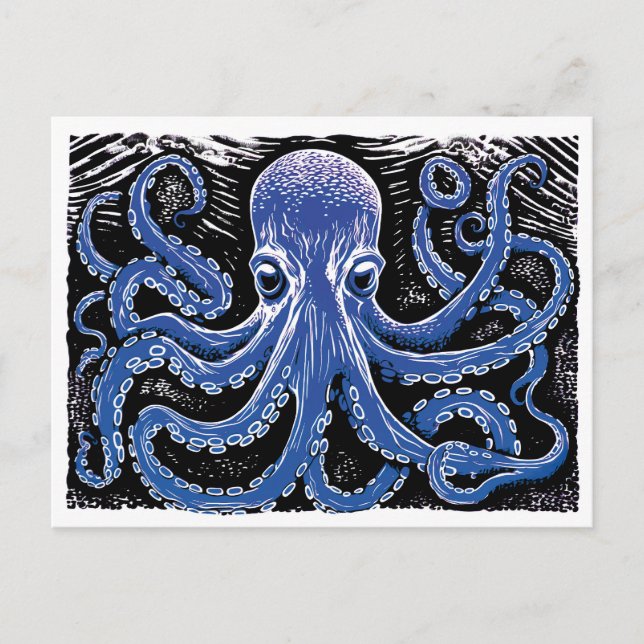 Blå Kraken Linogravyr i Oceanen Vykort (Framsida)