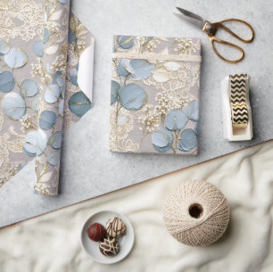 Blå Kräm Blommig Guld Elegant Presentpapper
