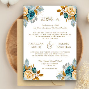 Blå Kräm Blommig Guld QR-kod Muslimsk Bröllopsinbj Inbjudningar