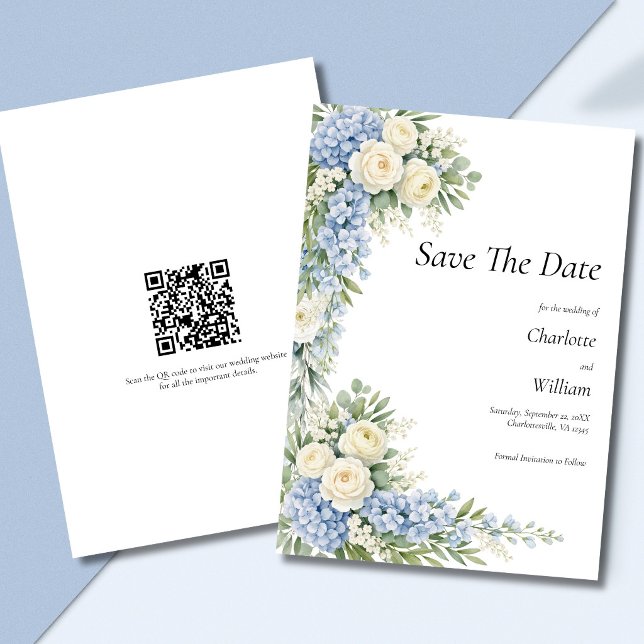 Blå Kräm Blommiga Bröllop Spara Datum QR-kod Inbjudningar (Blue cream white watercolor florals Wedding Save the date Card with QR code on back)