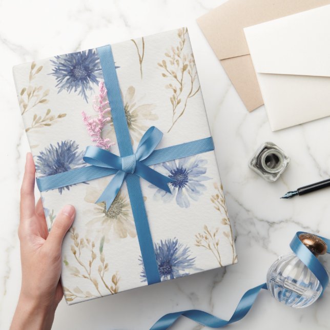 Blå Kräm Blommor Bröllopsdusch Presentpapper (Gifting)