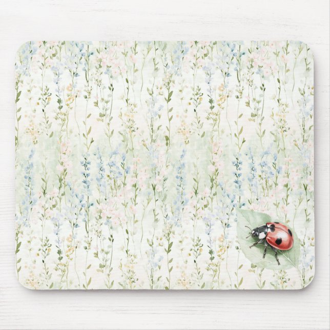Blå Kräm Blommor Nyckelpiga Musmatta (Framsidan)
