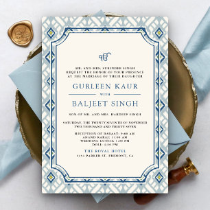 Blå Kräm Elfenben Ikat Anand Karaj Sikh Bröllop Inbjudningar