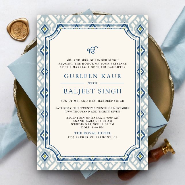 Blå Kräm Elfenben Ikat Anand Karaj Sikh Bröllop Inbjudningar (Skapare uppladdad)