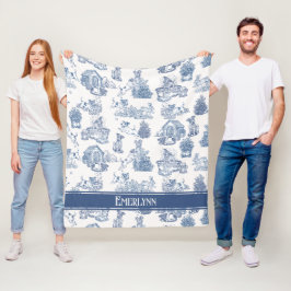Blå kräm fransk Toile Hund Monogram Mysig Fleecefilt