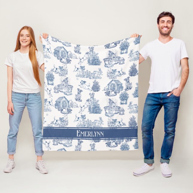 Blå kräm fransk Toile Hund Monogram Mysig Fleecefilt (På plats)
