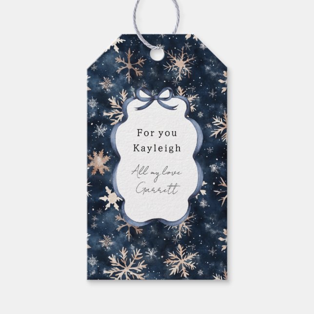 Blå Kräm Julsnöflingor Presentetikett (Framsidan)