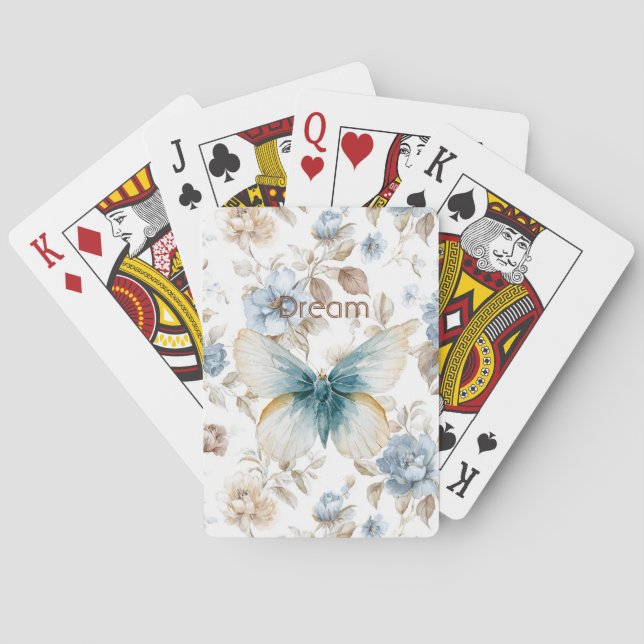 Blå Kräm Tan Brun Blommor Fjäril Casinokort (Baksidan)
