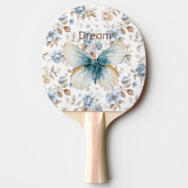 Blå Kräm Tan Brun Blommor Fjäril Pingisracket (Framsidan)