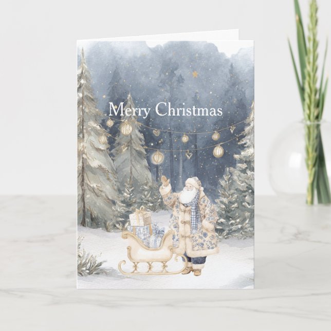 Blå Kräm Tomte Snö Julgranar Kort (Framsida)