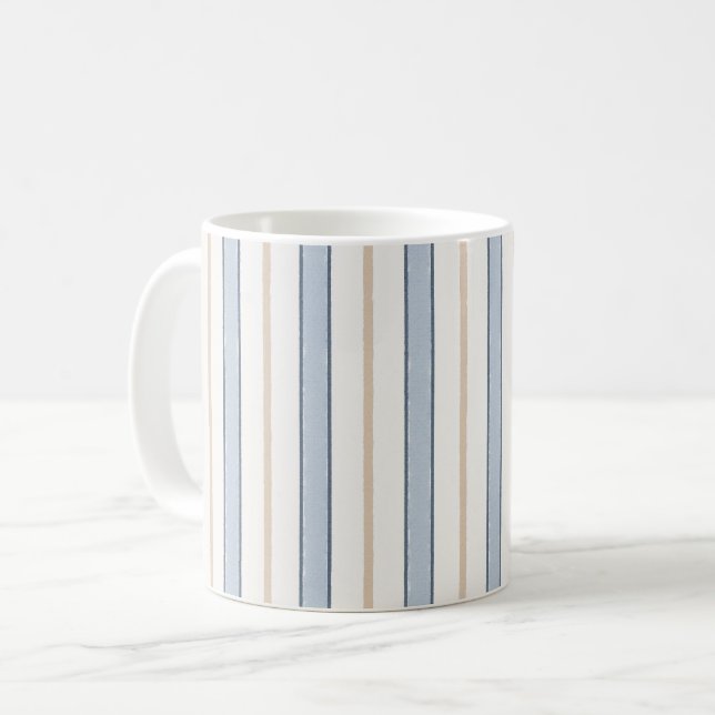 Blå Kräm Vita Ränder Kaffemugg (Framsida vänster)