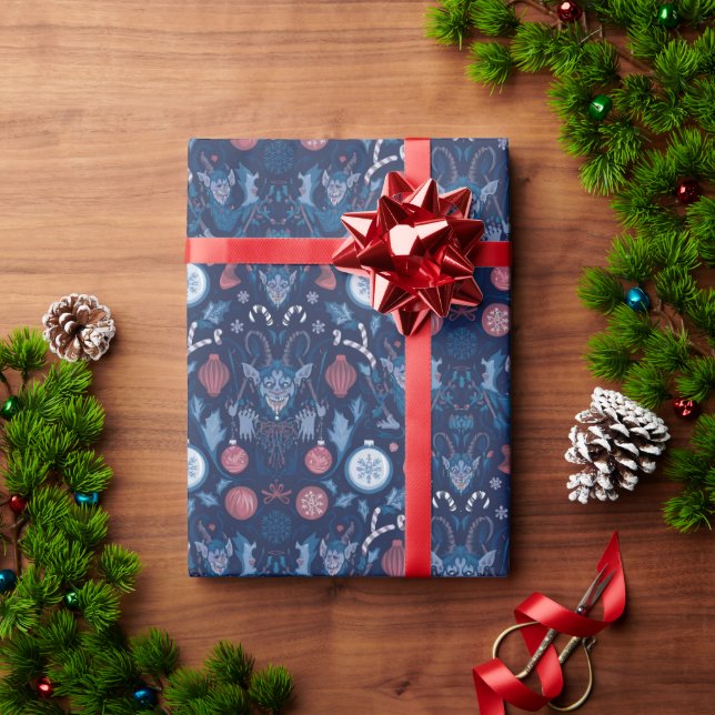 Blå Krampus-inslagspapper | Unikt mörkt julfirande Presentpapper (Julgåva)
