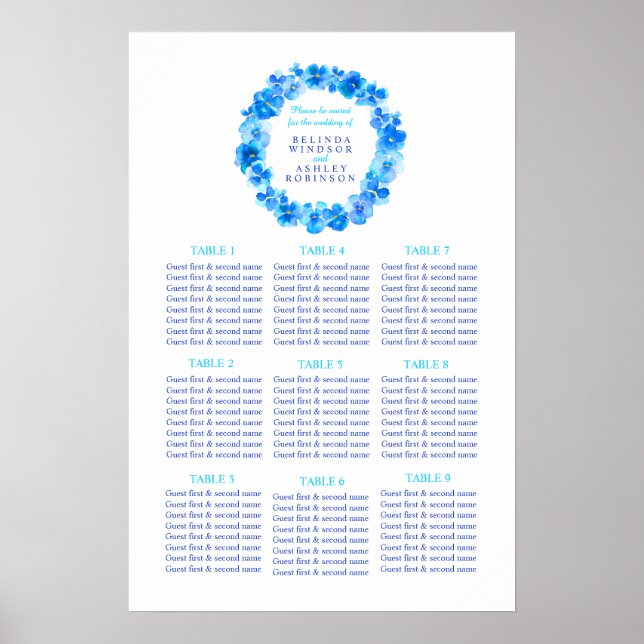Blå krans akvarell bröllop sittplatser bord plan poster (Framsidan)
