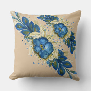 Blå krans blomster vattenfärg Handmålad vit Kudde