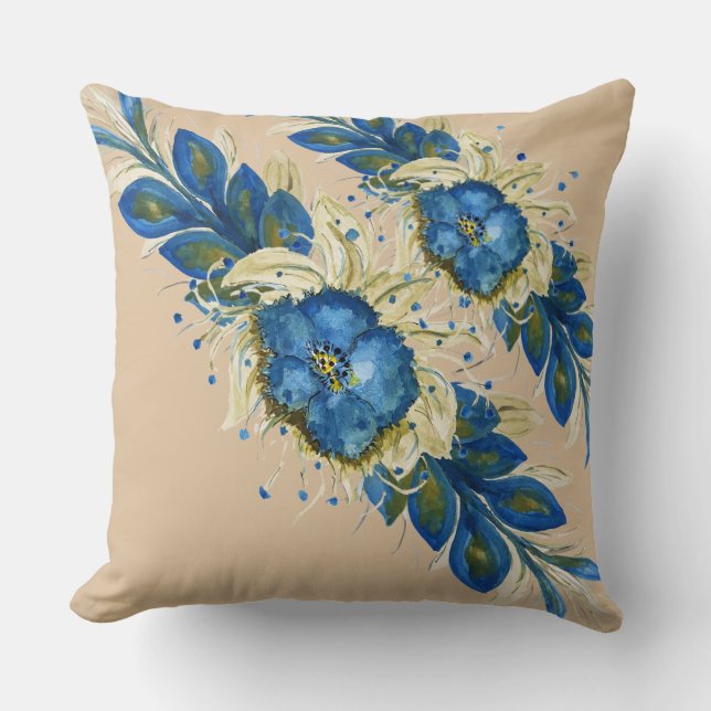 Blå krans blomster vattenfärg Handmålad vit Kudde (Framsida)