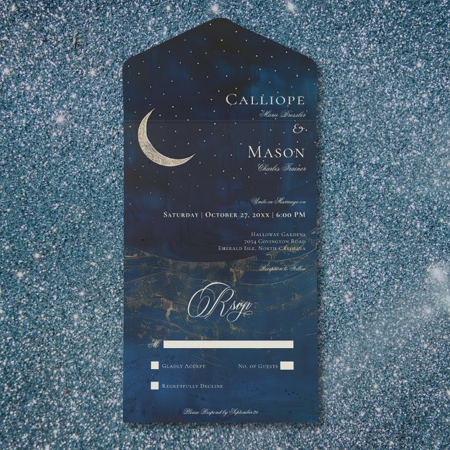 Blå krescent Måne Bröllop, ingen middag (Celestial Blue Crescent Moon Wedding No Dinner All In One Invitation)