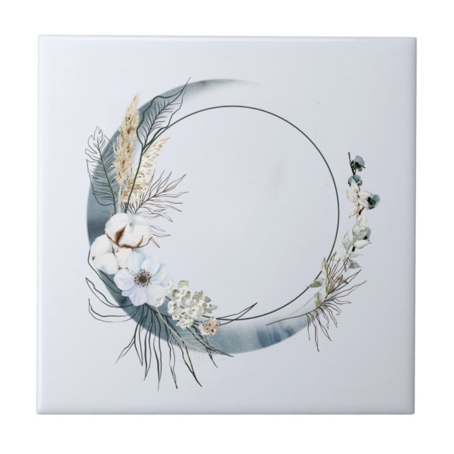 Blå krescent Måne med vita blommor Kakelplatta (Framsidan)