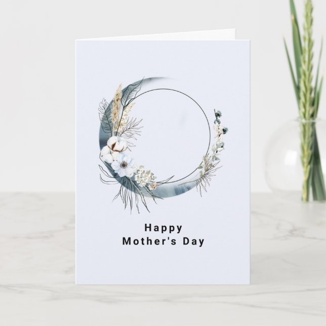 Blå krescent Måne med vita blommor Mors dag Helgkort (Framsida)
