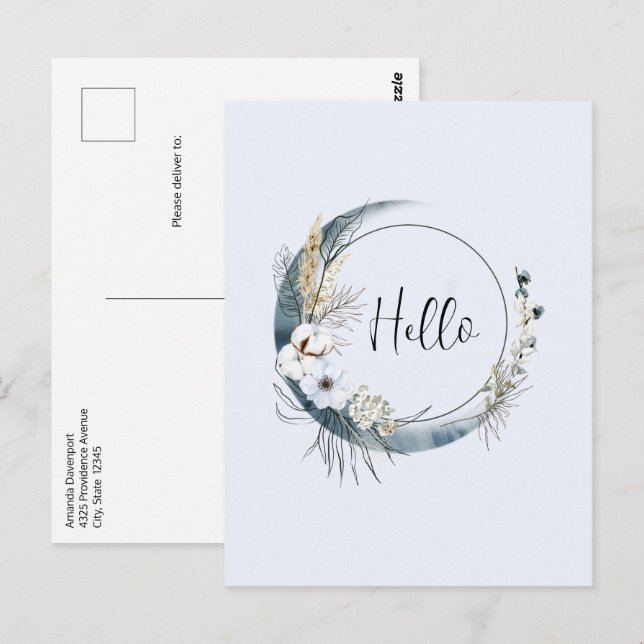 Blå krescent Måne med vita blommor Vykort (Fram/baksida)