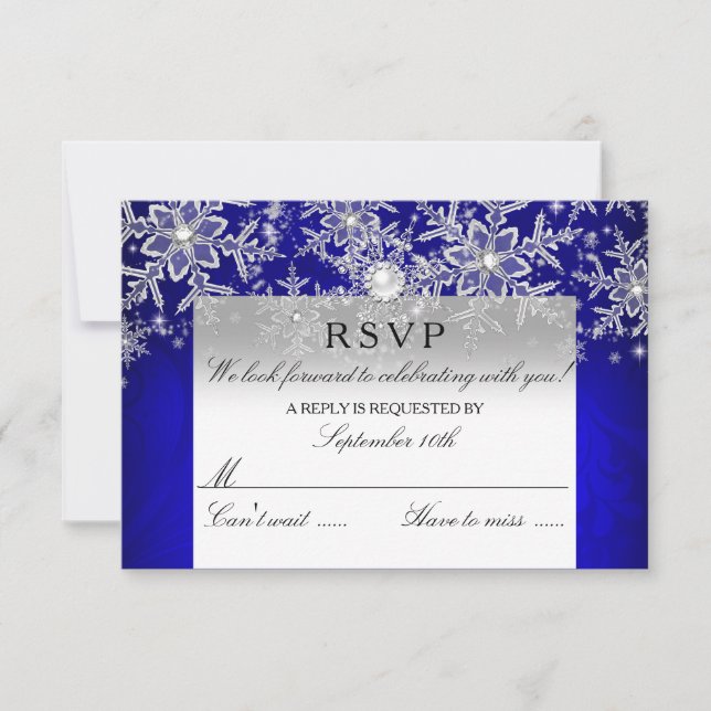 Blå Kristall Pärl Snöflinga Silver Vinter RSVP OSA Kort (Framsida)