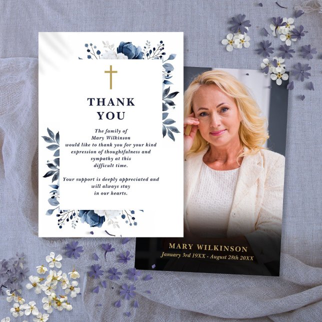 Blå kristen firande av livets slutskede begravning tack kort (Blue Christian Celebration Of Life Funeral Photo Thank You Card)