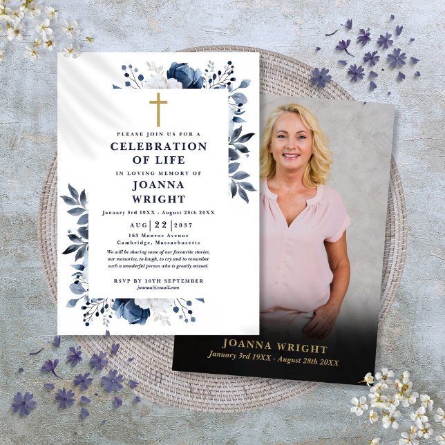 Blå kristen Firande i livets begravningsfoto Inbjudningar (Blue Christian Celebration Of Life Funeral Photo Invitation)