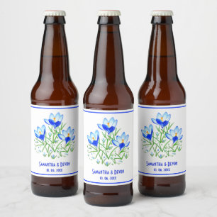 Blå krokus vita bröllops öl etiketter