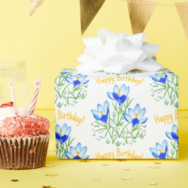 Blå krokusar på vår inpackningspapper presentpapper (Födelsedagsfest)