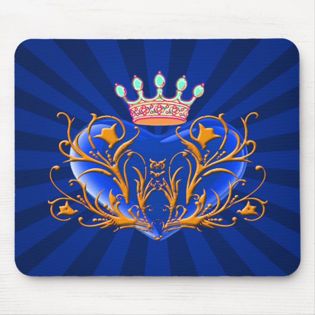 Blå Krona-filigree Heart Mouse Pad Musmatta (Framsidan)