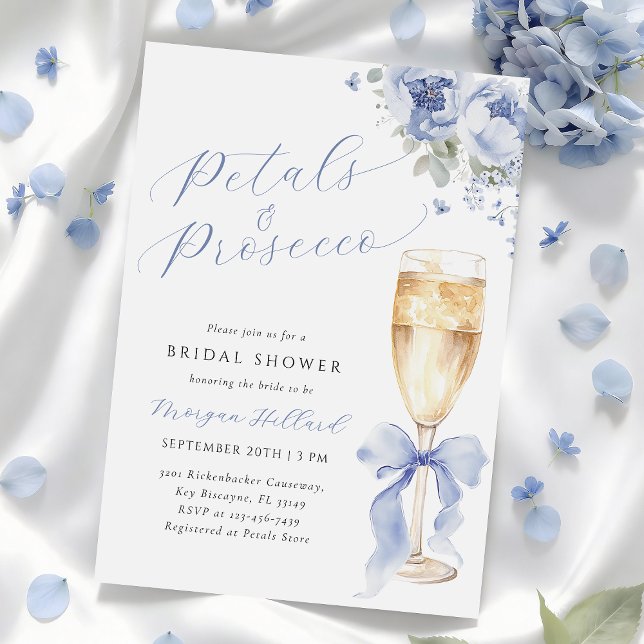 Blå kronblad och Prosecco bröllopsdusch-inbjudan Inbjudningar (Skapare uppladdad)