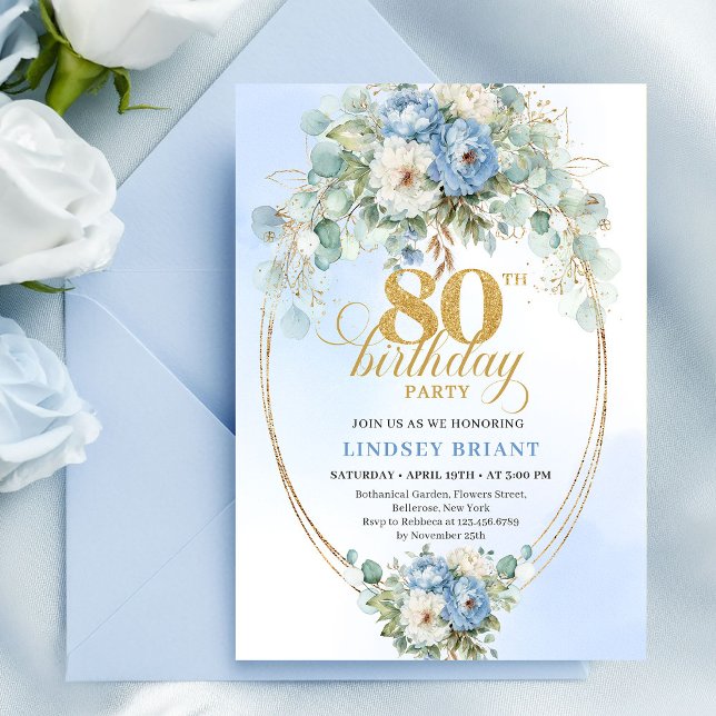Blå Krönflorgrönska Minimal Boho 80-årsdag Inbjudningar (Blue Peonies Greenery Minimal Boho 80th Birthday)