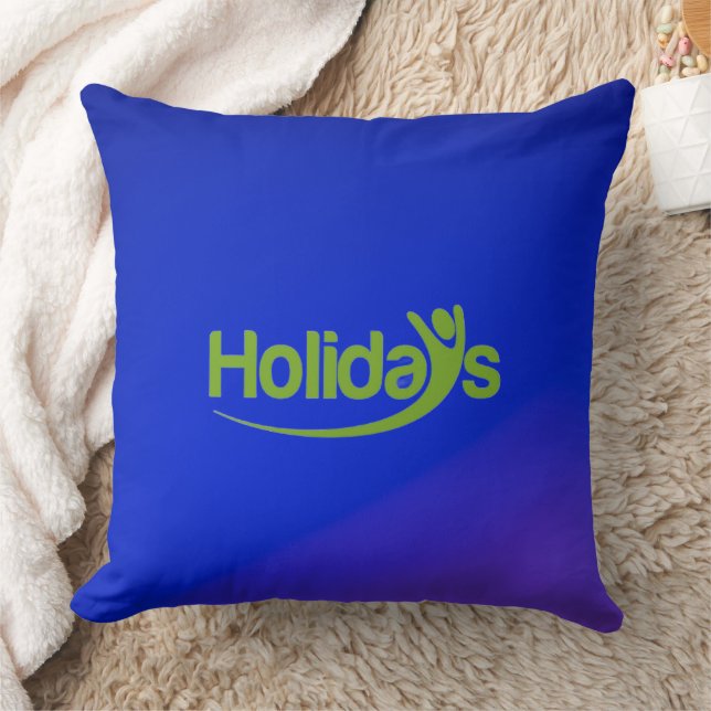 Blå kudde med grön text "Holidays" (Filt)