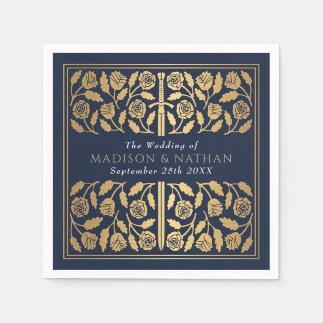 Blå kunglig medeltida guldsvärdsbröllop pappersservett (Framsidan)