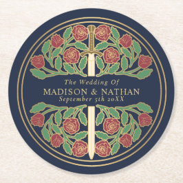 Blå kunglig medeltida guldsvärdsbröllop underlägg papper rund