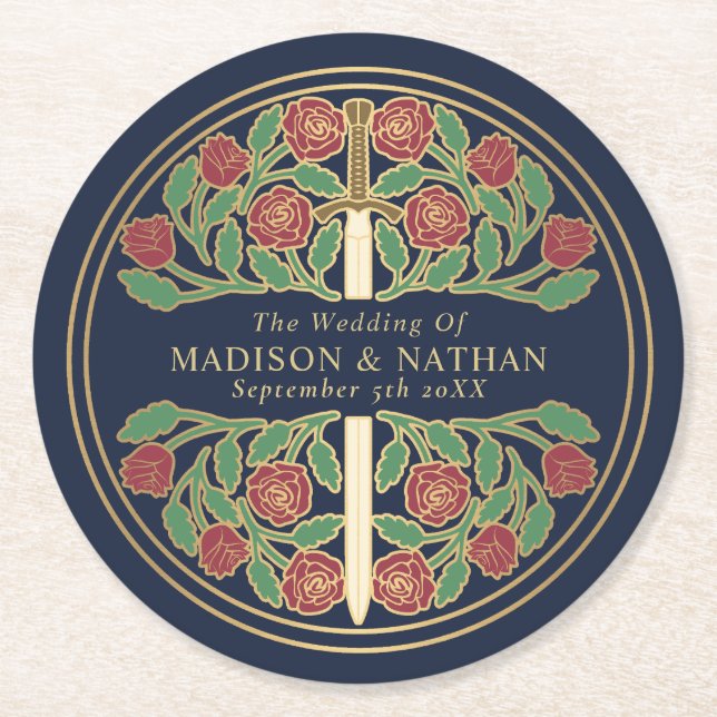 Blå kunglig medeltida guldsvärdsbröllop underlägg papper rund (Framsidan)