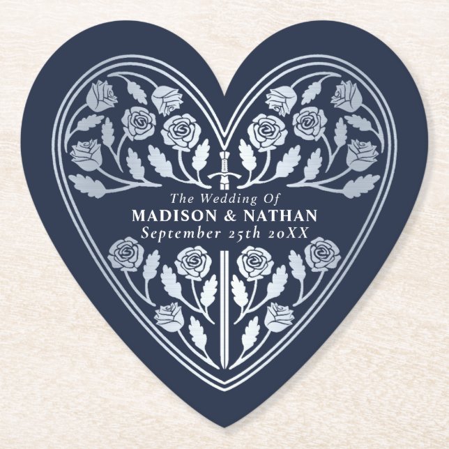 Blå kunglig medeltida silver svärd bröllop underlägg papper (Framsida)