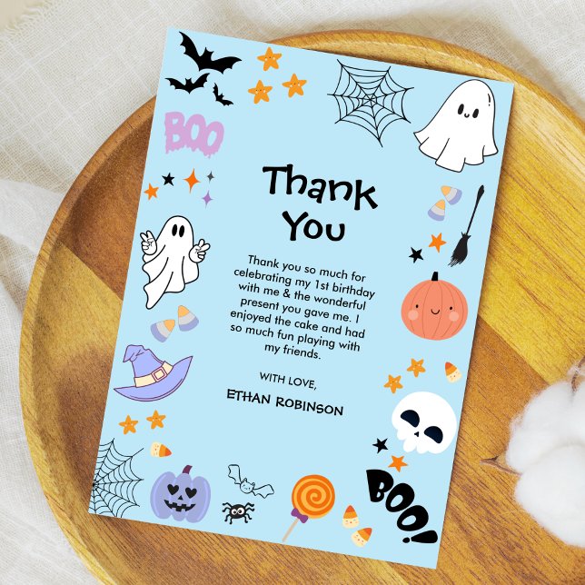 Blå kuslig etta söt spöke Halloween 1-års födelsed Tack Kort (Blue Spooky One Cute Ghost Boy Halloween 1st Birthday Thank You Card   )