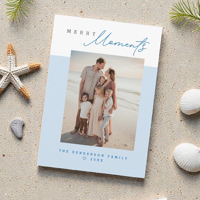 Blå kust glada minnen familjefoto jul julkort (Merry Moments blue beach family vacation Holiday Christmas cards.)