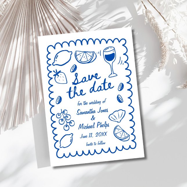 Blå kustbröllop - Spara datum (Festive Blue Coastal Wedding Save the Date)